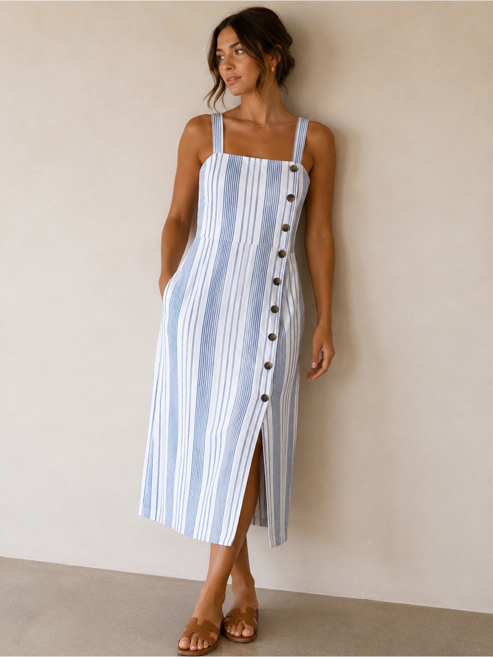 White and Blue Vertical Stripe Side Button Detail Sleeveless Midi Dress
